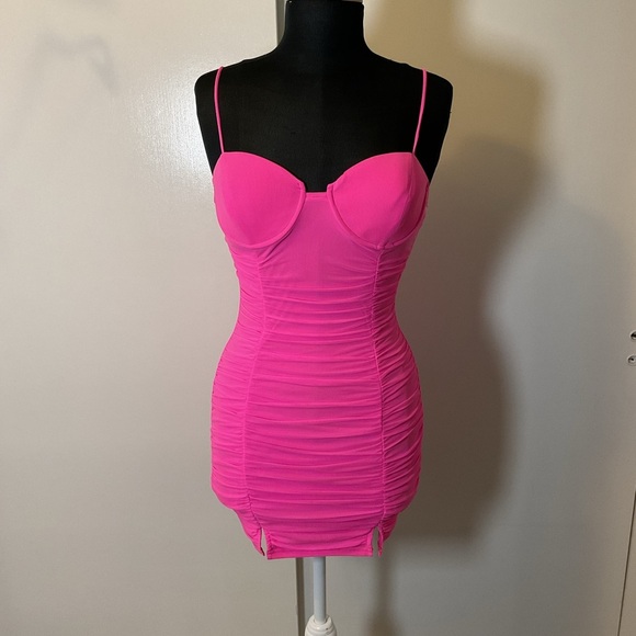 19. Privy Hot Pink Mini Spaghetti Straps Ruched Bodycon Dress Size Medium - Picture 1 of 5